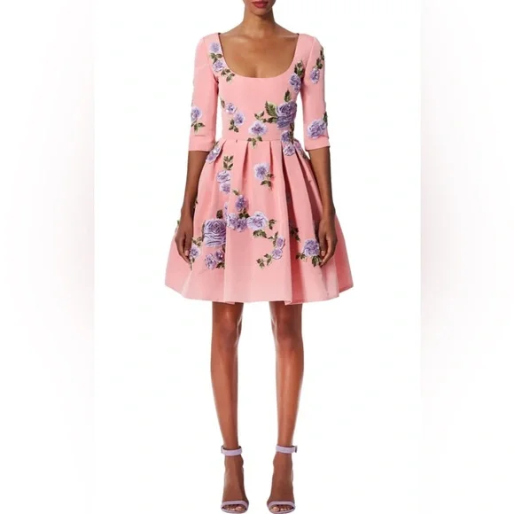 Carolina Herrera Elbow Sleeve Scoop Neck Silk Dress